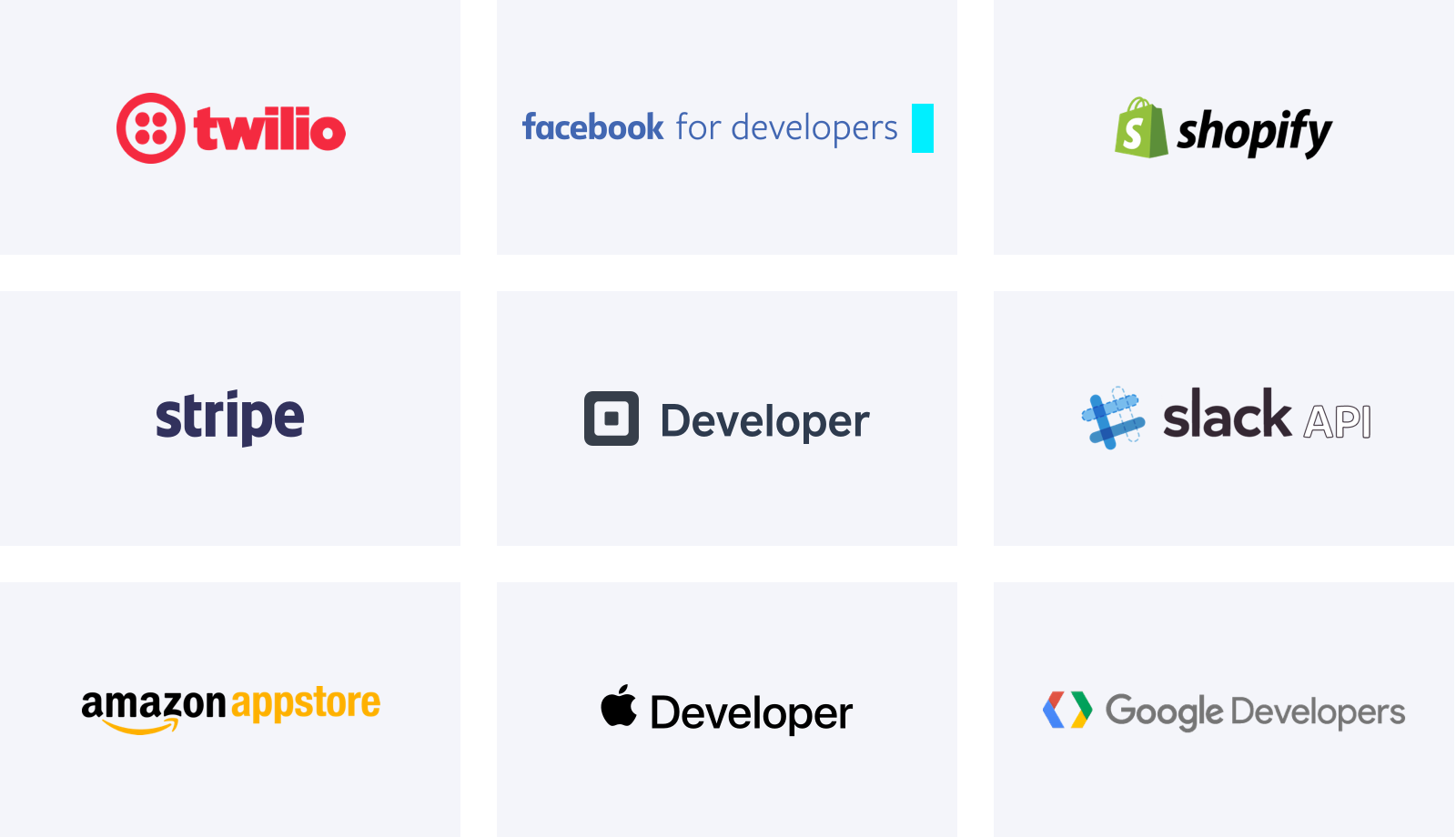 Logos of other developer platforms: Twitter, Facebook, Shopify, Stripe, Square, Slack, Apple, Google, Amazon, 