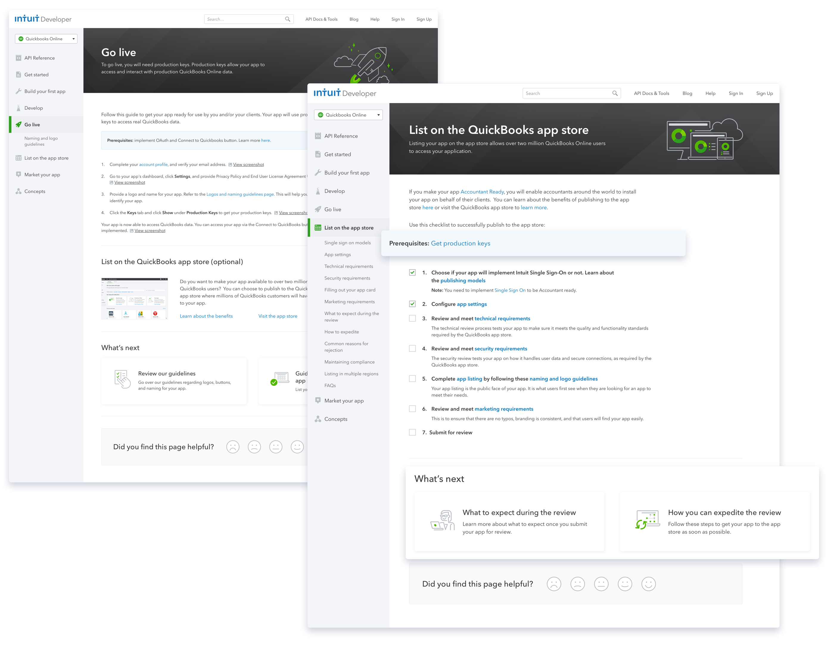 New Go-Live page and List your app on the QuickBooks store page with guidance for next step on each page