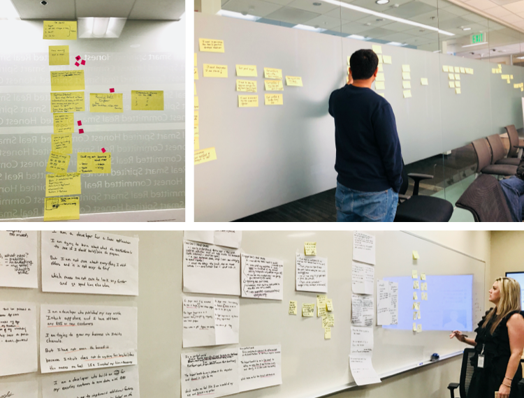 Collages of whiteboard with sticky notes and peopel in front discussing them in the design sprint