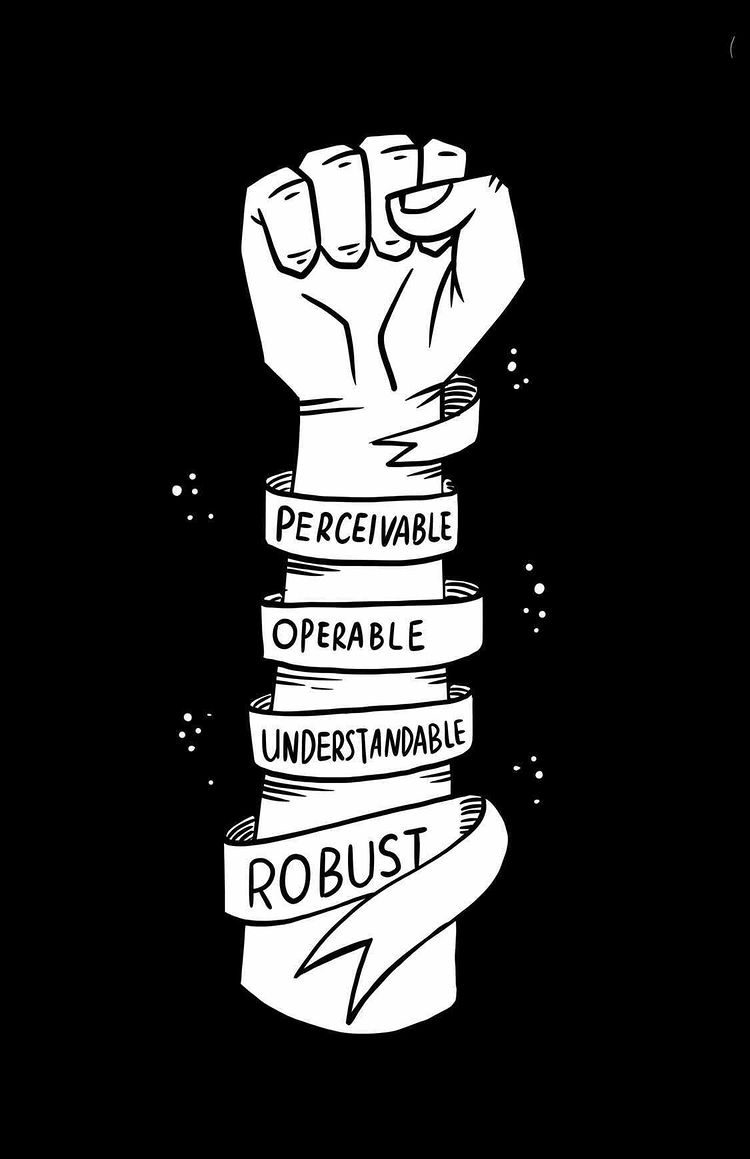 Illustration of a fist holding up with text wrapped around it perceivable operable understandable and robust