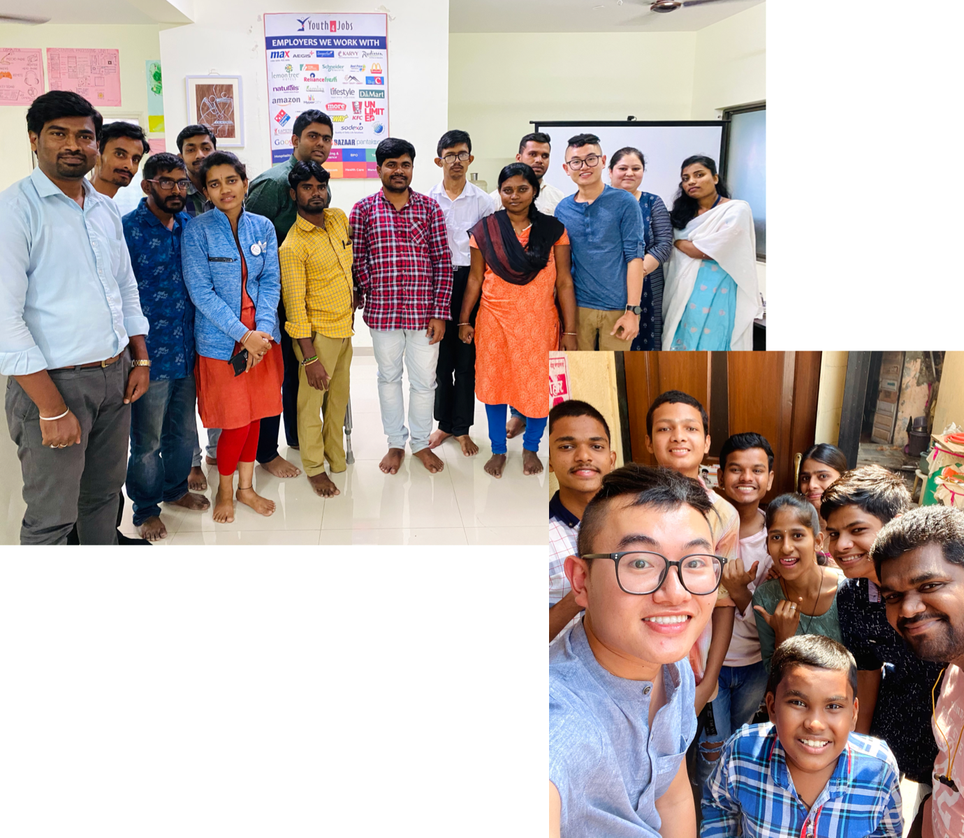 Collage of 2 pictures of ace and people he met in India. First picture he is standing with a group of people at the disability center. Second picture he is taking a selfie with kids at the learning center