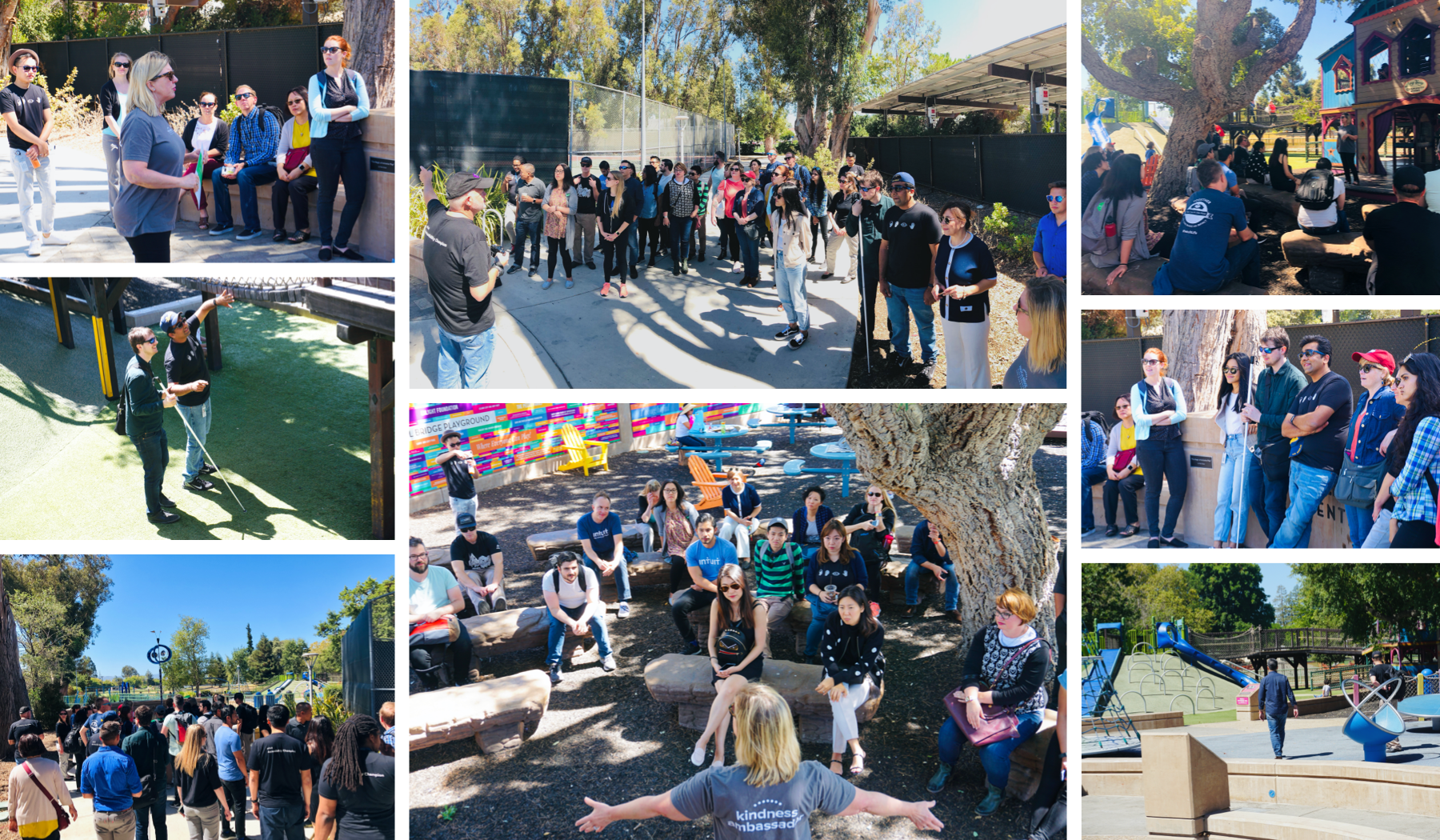 Collage of 8 pictures showing designers exploring the Magical Bridge Playground, listening to the founder speaking at different spots of the playground, explaining their reasons for each decision. 