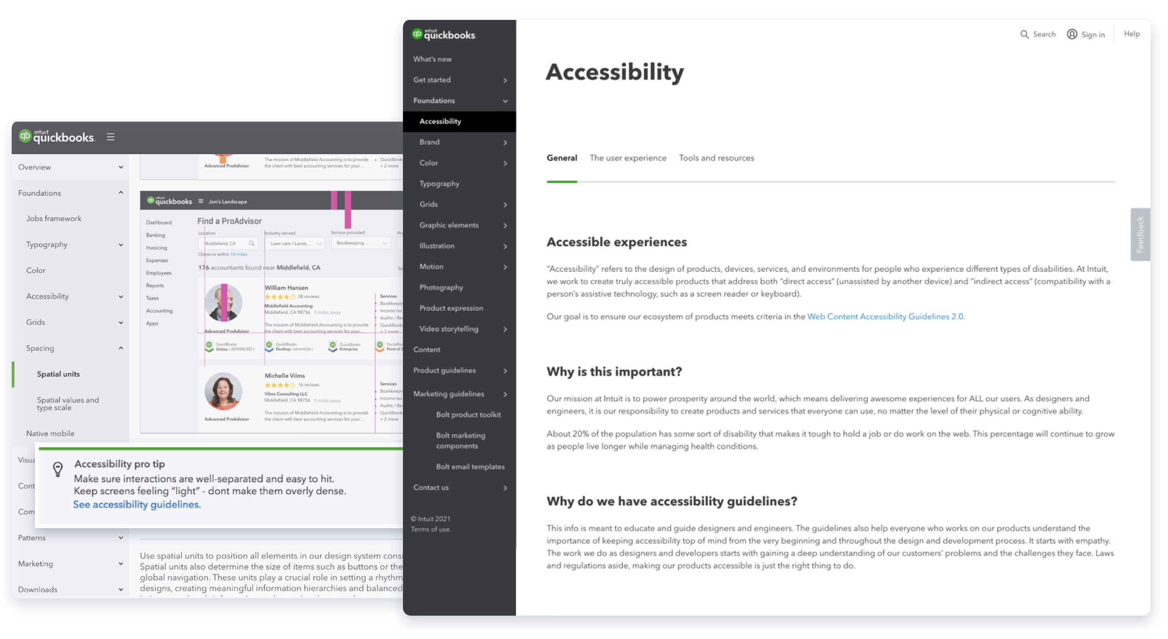 Screenshot of QuickBooks Accessibility page from the QuickBooks design system website