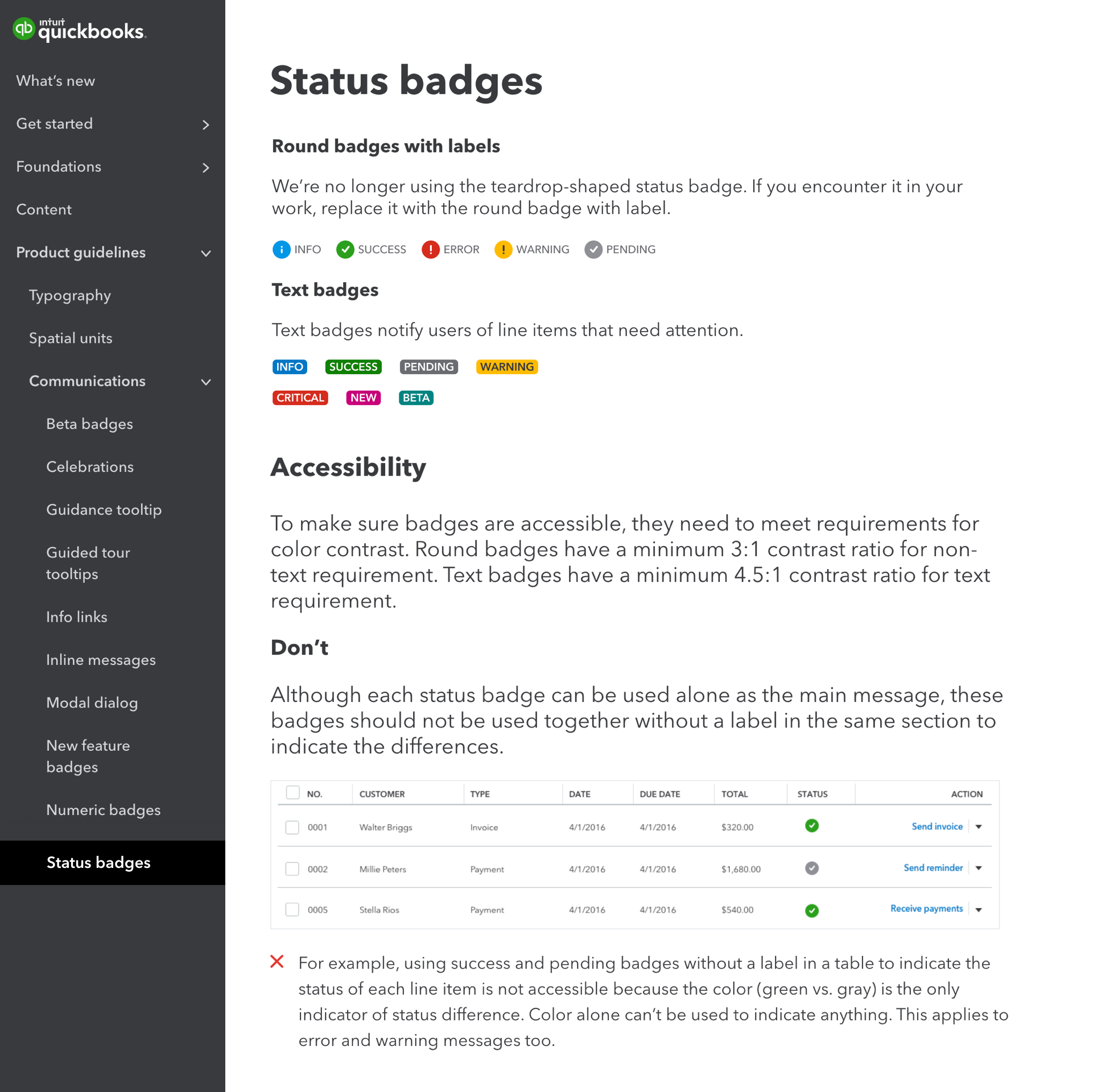 Screenshot of status badge page on the QuickBooks Design System website that shows accessibility guideline section to guide designers how and how not to use the component